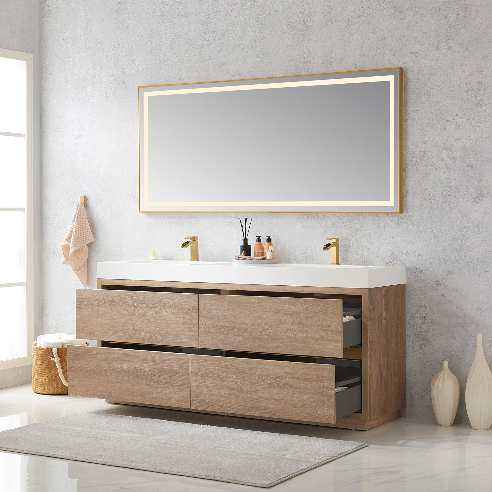 Beira 71.7'' Double Bathroom Vanity, North American Oak, White