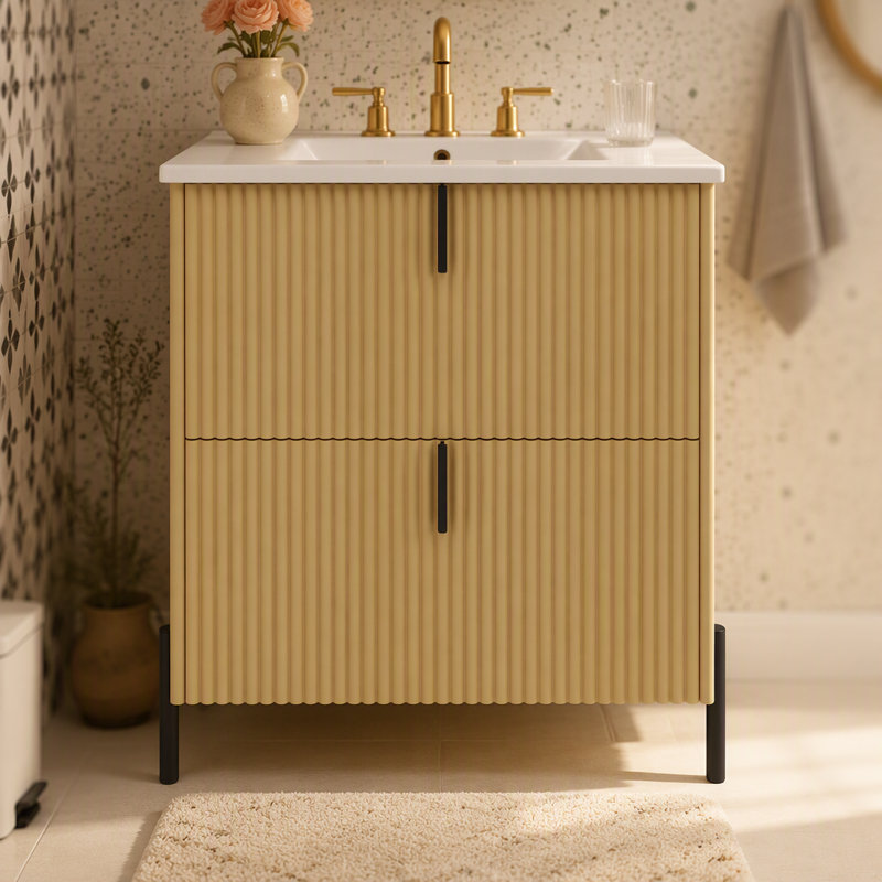 Meuble-lavabo autoportant de 30 po avec lavabo en céramique, avec poignées verticales et tiroirs pleine extension, meuble-lavabo autoportant avec glissières de tiroir à fermeture en douceur