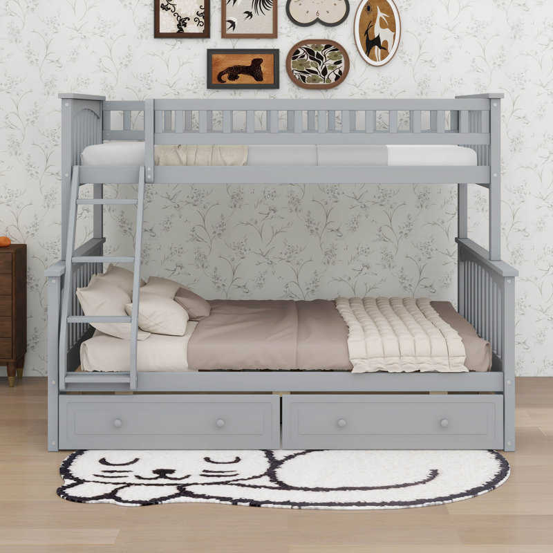 Lit superposé convertible en bois avec tiroirs simple et double, Gris