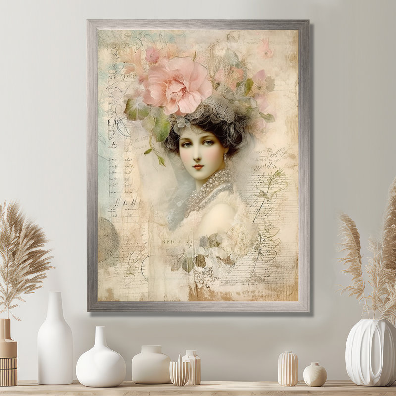 Victorian Lady Pink Roses, impression rustique sur toile, H 32 po x l 24 po x P 1 po, Cadre simple argenté