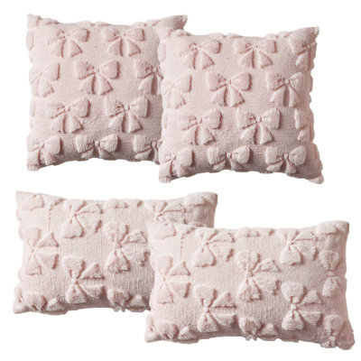 Faux Fur Pillow Covers 4-Pack, Bow Design Square & Lumbar Set 18x18/20x12, Pink