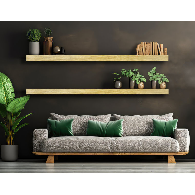 Tablette flottante en bois massif 2 pièces Jadeth, H 3 po x l 72 po x P 5 po, Naturel