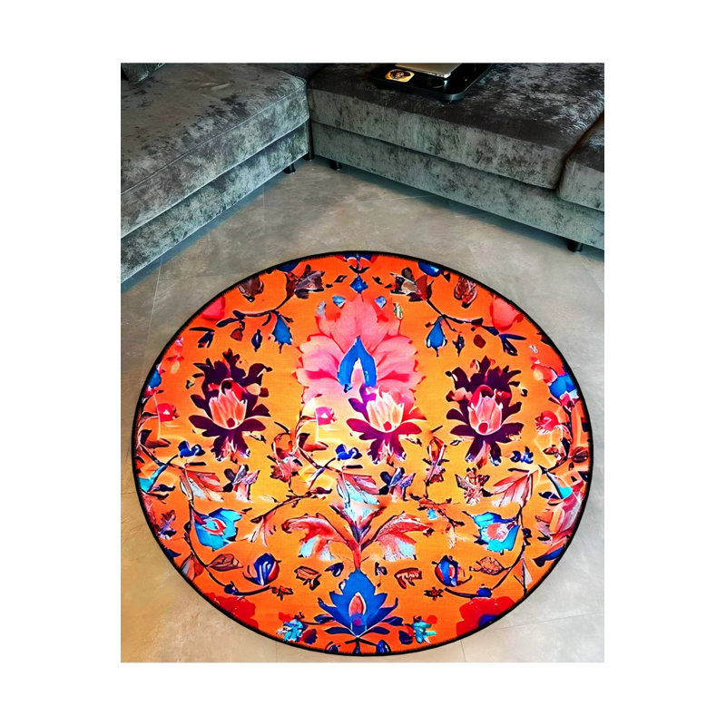 Orange Multicolored Patterned Floral Detailed Woven Base Modern Decorative Carpet, Round 3'4"