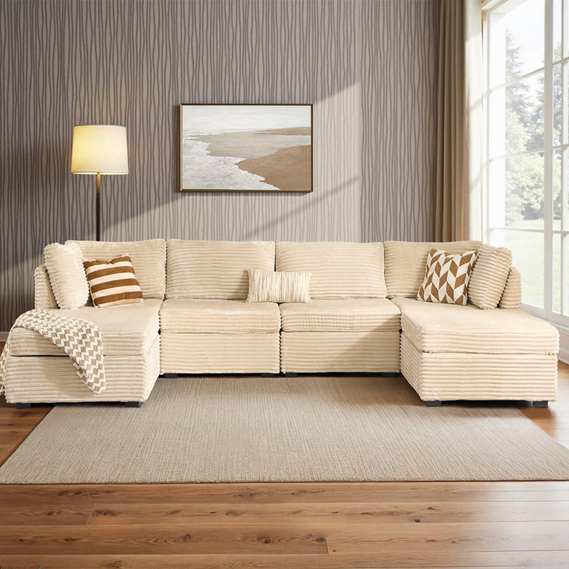 Canapé modulaire en velours côtelé 6 pièces Nathasa, Velours côtelé beige