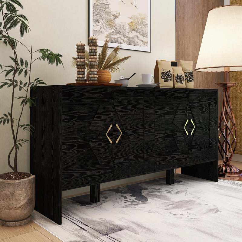 Buffet en bois 60 po avec motif géométrique et tablettes réglables, Noir