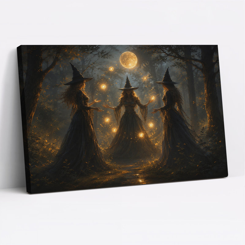 «Three Witches with Glowing Orbs In Moonlit Forest», art mural sur toile, H 20 po x l 30 po