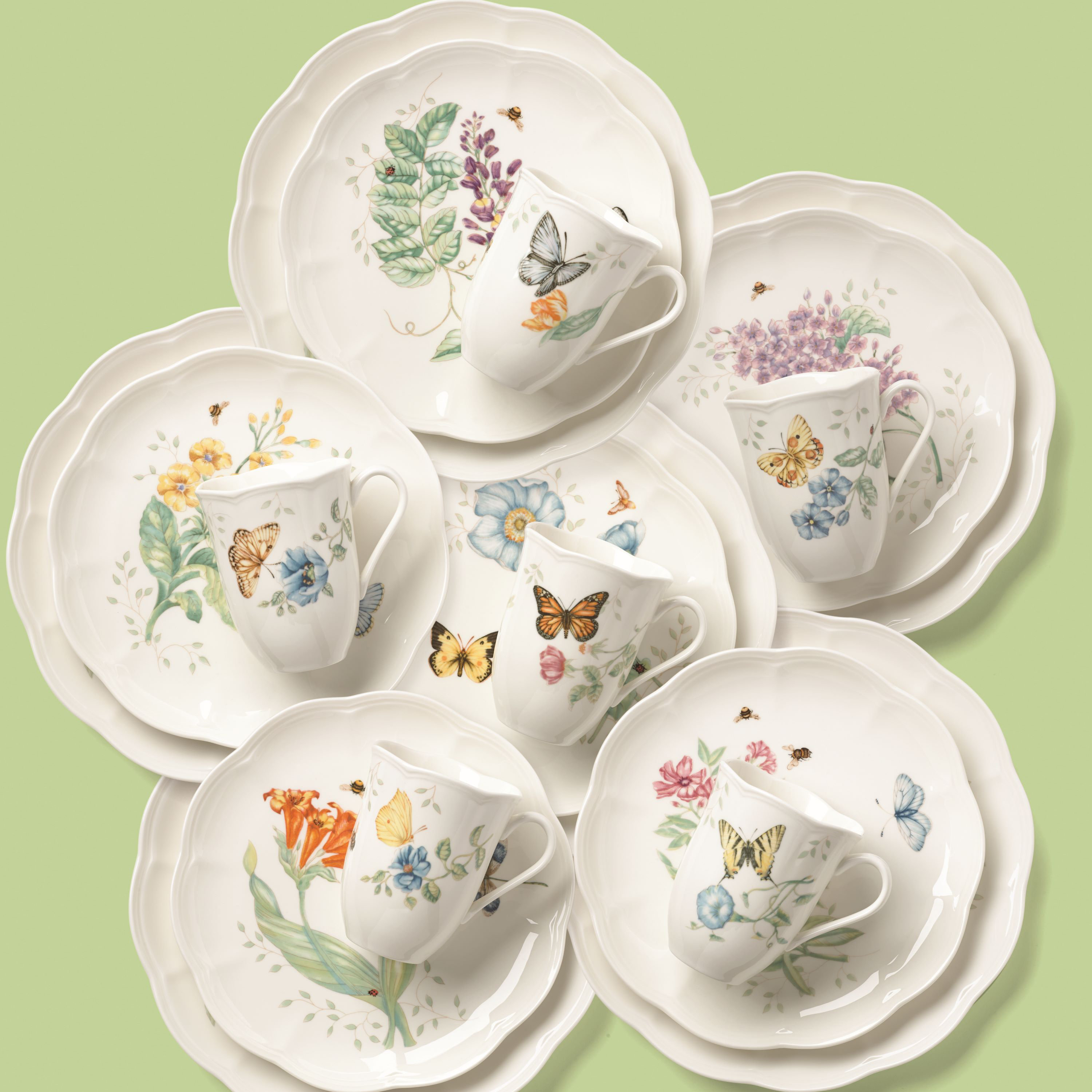 Blue Hydrangea and Butterflies Porcelain Teacups Set of 6 Tea Cups