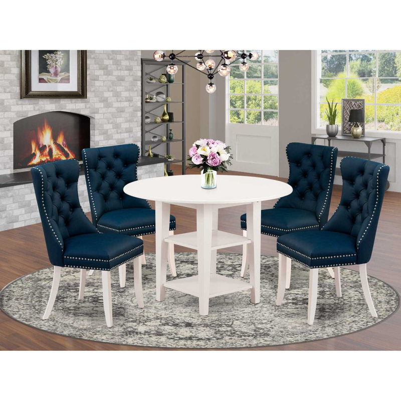 5-Piece Linen White Finish Solid Wood Top - Round Dining Room Set with Dropleaf - Seats 4, Navy