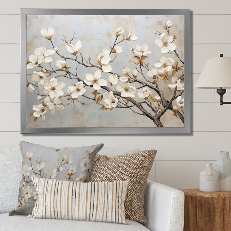 Beige blanc cornouiller Peacefulness - art mural cornouiller, Cadre simple blanc, H 30 po x l 40 po x P 1,5 po