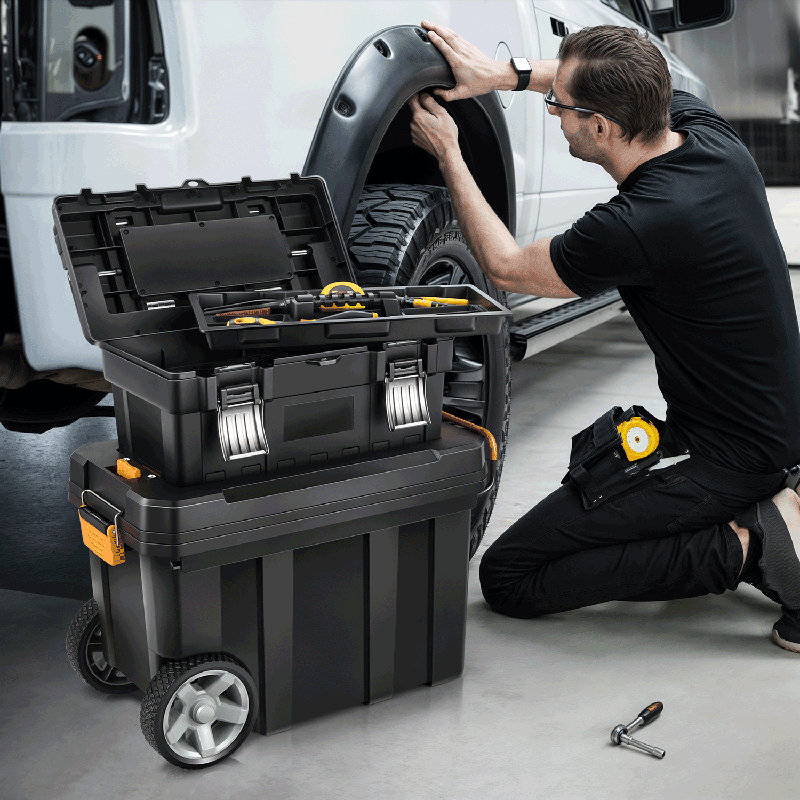 2-Tier Stackable Tool Box Trolley Heavy-Duty Portable Tool Storage With Extendable Handle??