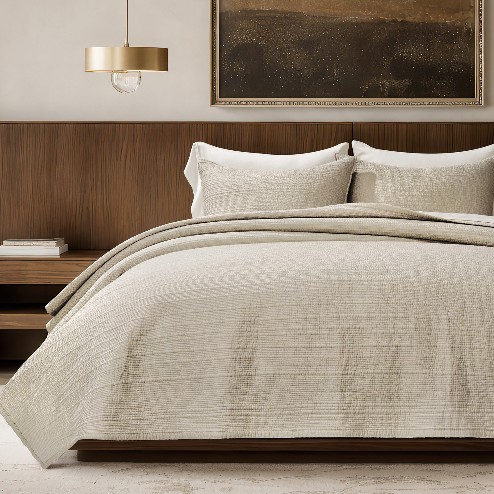 Channel Stitch Cotton Quilt Bedding Set, Queen Quilt + 2 Queen Shams, Parchment
