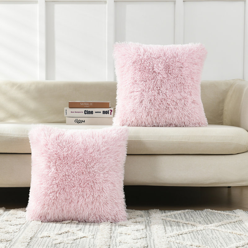 Housse de coussin carrée en fausse fourrure, H 24 po x l 24 po, Rose clair