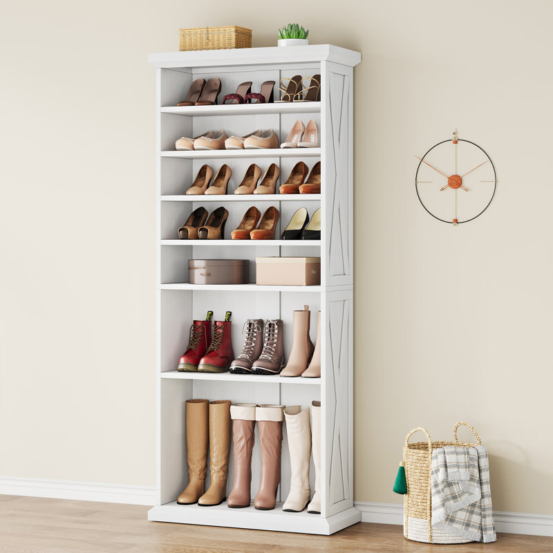 30 Pair Shoe Storage Cabinet With Adjustable Shelves, 10-Tier Tall Narrow Wood Shoe Rack, White