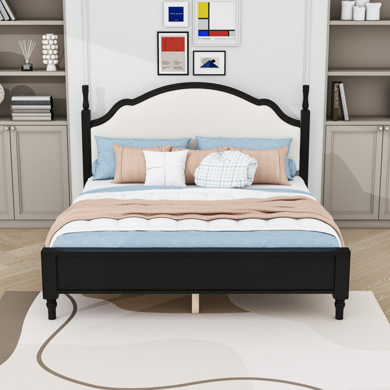 Lit plateforme en bois avec tête et pieds rembourrés courbés, Très grand lit, Black Beige