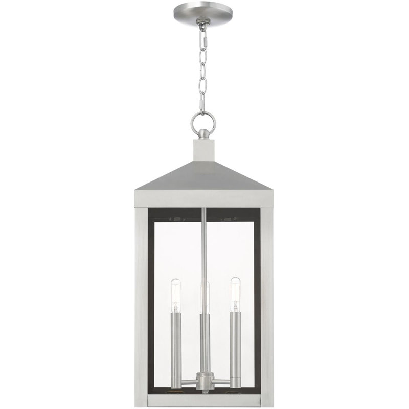 Lanterne suspendue d'extérieur 3 lumières avec abat-jour en verre transparent, H 24 po x l 10,5 po x P 10,5 po, Nickel brossé