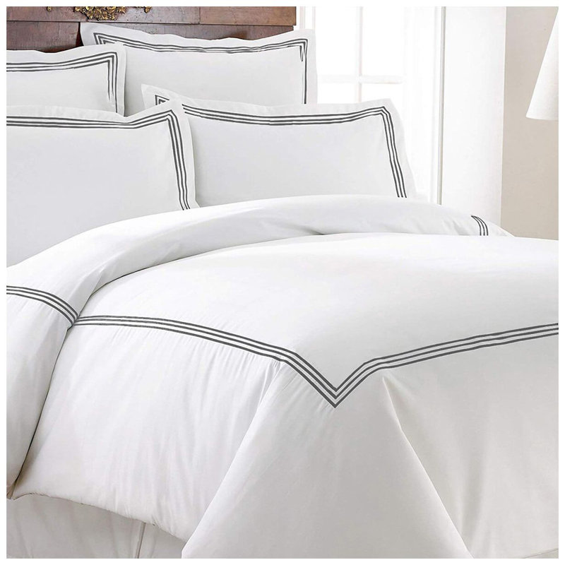 400TC Cotton Triple Embroidery Sateen Solid Duvet Cover Set, Oversized King Duvet Cover, White/Dark Grey