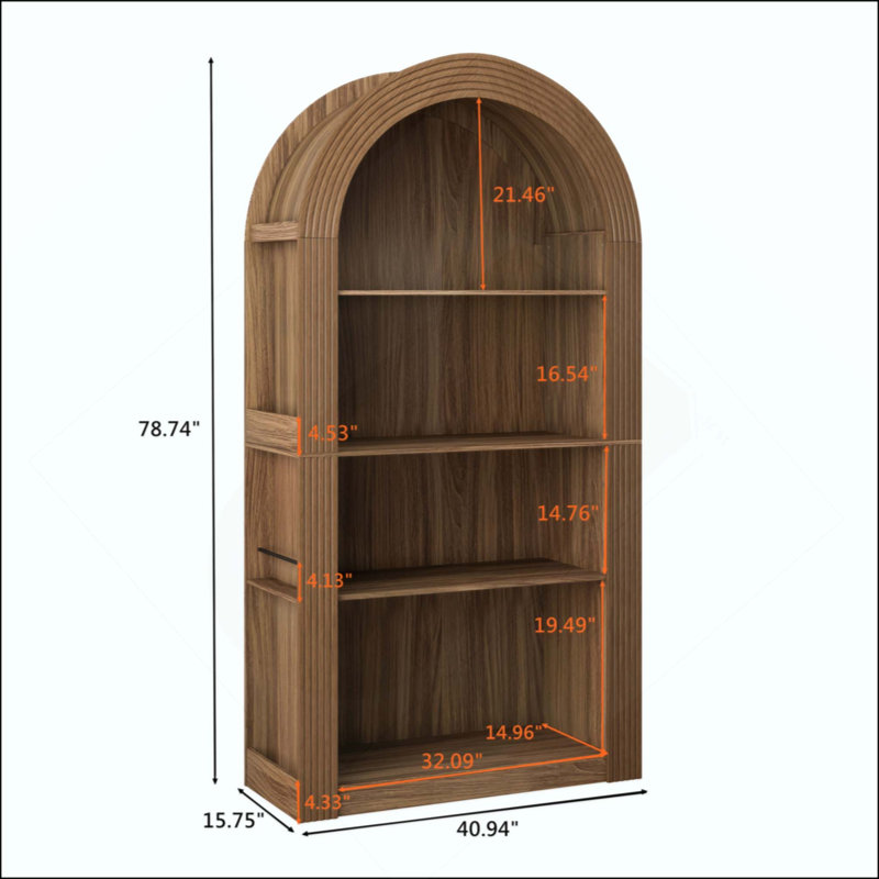 Bibliothèque arquée à 4 niveaux avec tablette de rangement ouverte pour salle à manger, salon et chambre à coucher, Brun