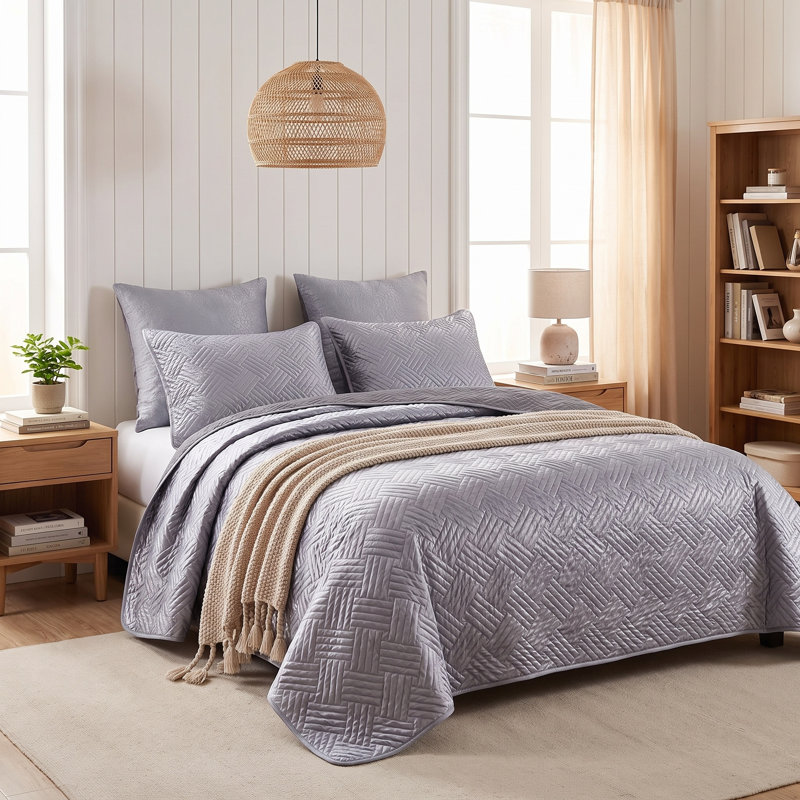 3 Pieces Quilt Set, Silk Satin Geometric Pattern Quilted Coverlet Set (1 Quilt, 2 Pillow Shams) - NTBAY, King, Dark Gray
