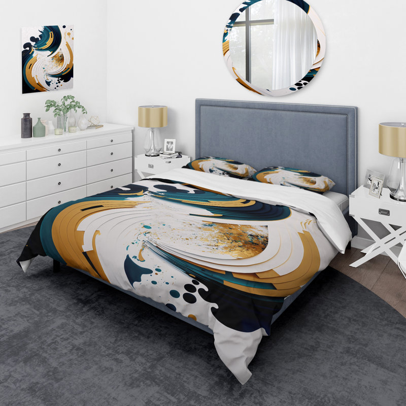 Ensemble de housse de couette en microfibre / polyester bleu et or, peinture abstraite moderne VII