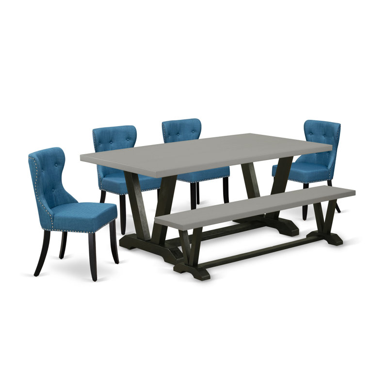 6-piece Table Set Consists of a Cement Dinner Table a Small Bench and 4 Blue Linen Fabric Dinner Chairs - Wire Brushed Back Finish