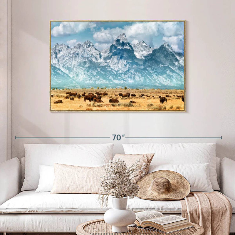 Troupeau de bisons à Grand Teton, Cadre flottant en bois naturel, 46 po x 31 po