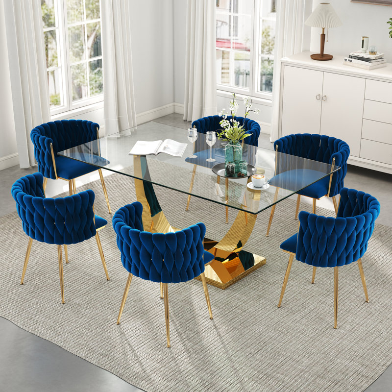 Ensemble de salle à manger rectangulaire à piédestal avec chaise tissée, H 29,5 po x L 63 po x l 35,4 po - or, Doré