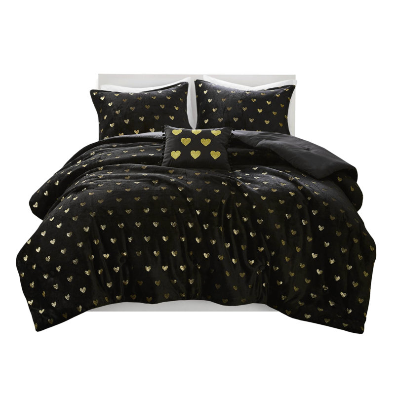 4 pièces, édredon imprimé noir / or métallique, preuve, envers en microfibre ultra doux, tissu lavable à la machine, rembourrage - pour lit double / grand lit, lavable, nettoyer les taches, étiqueté