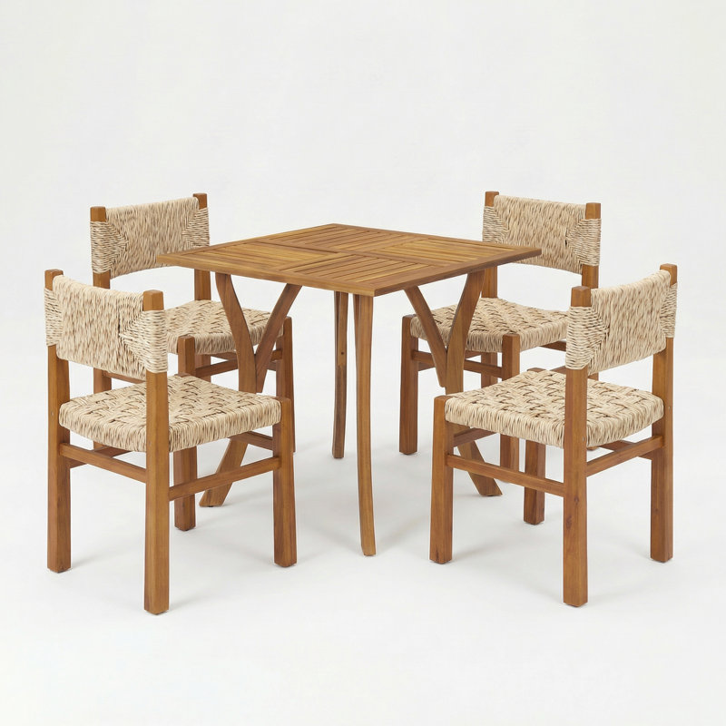 Hapeville Patio 5-Piece Acacia Wood Dining Set With Woven Wicker, Light Gray Wicker/Teak