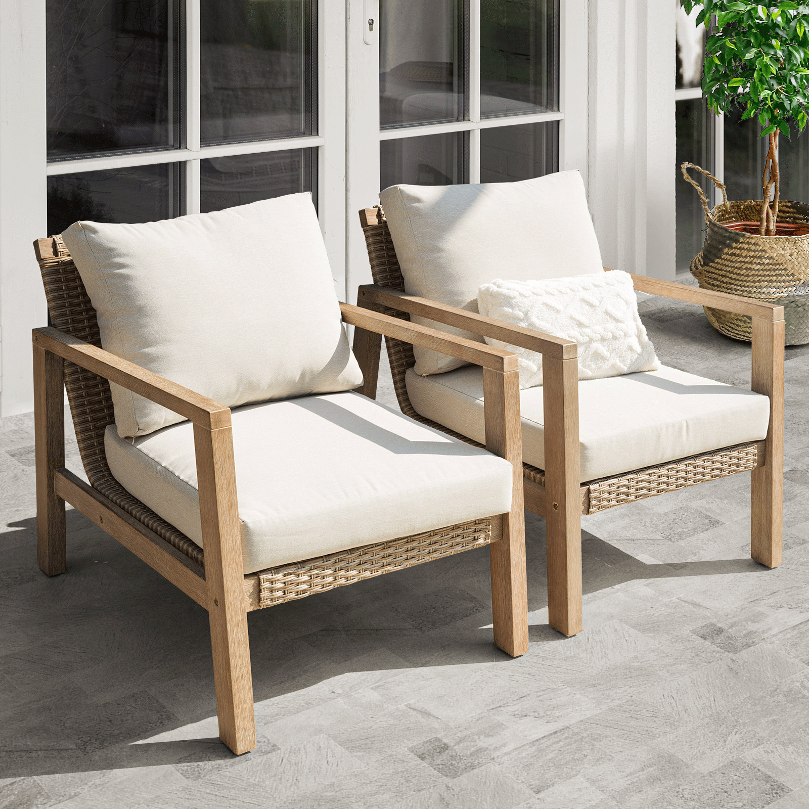 Ebern Designs Raylei Acacia Wood Club Chairs With Water Proof Cushion