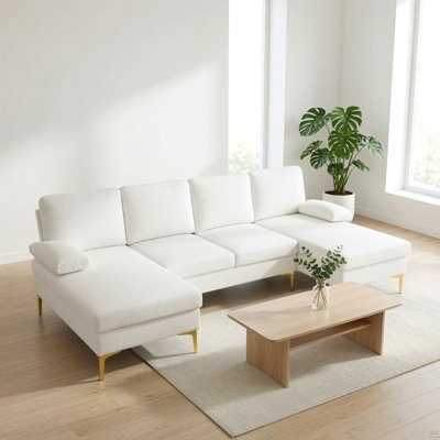 99.5" U-Shaped Sectional Sofa with Double Chaise, 4-Seat Cream White Couch