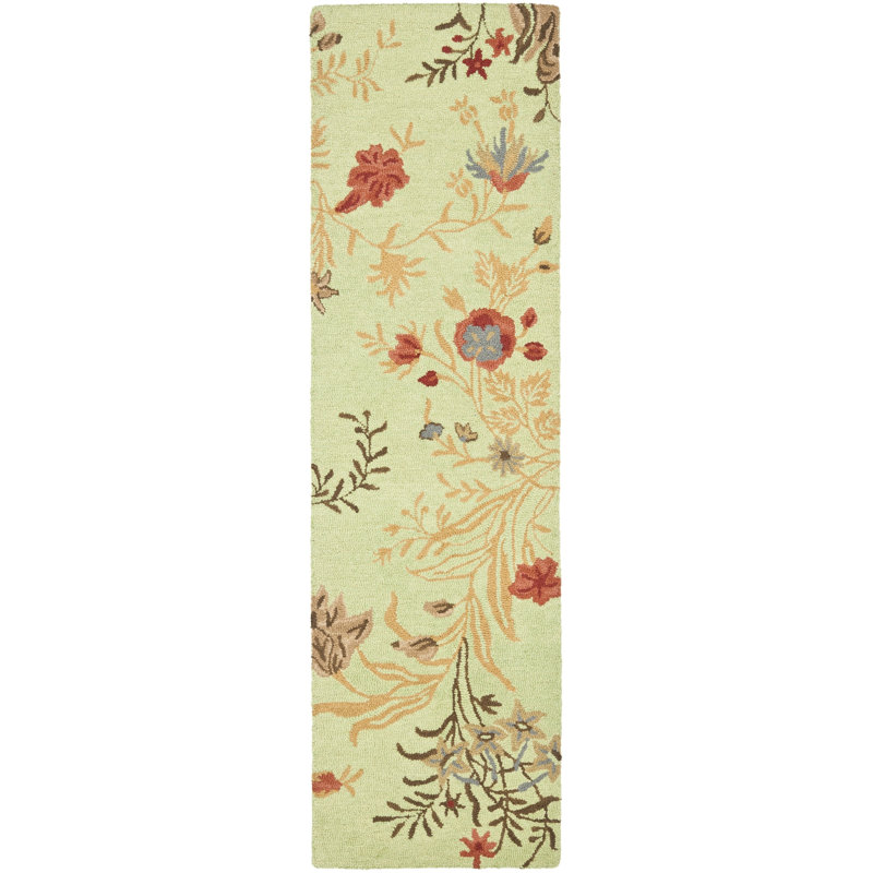 Emrick Hand Hooked Wool/Cotton/Latex Floral Rug in Green, Runner 2'3" x 8'