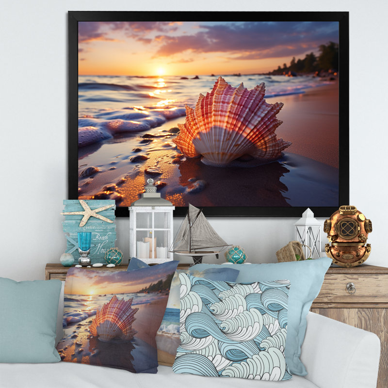 Coucher de soleil sur le rivage, Trésors IV - art mural plage, Cadre d'angle fermé noir, H 16 po x l 32 po x P 1 po