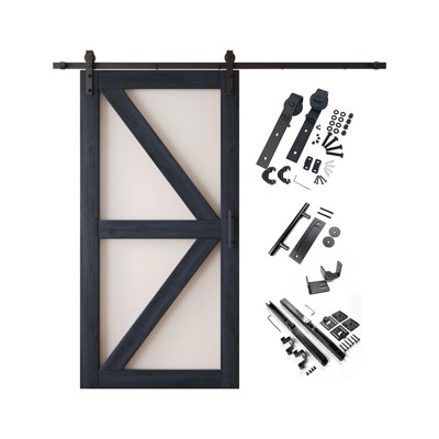 Homacer Navy 40in x 80in Arrow Pattern Glass Design Unassembled & Finished Barn Door with Non-Bypass Installation Hardware Kit, 7ft track, interior use only