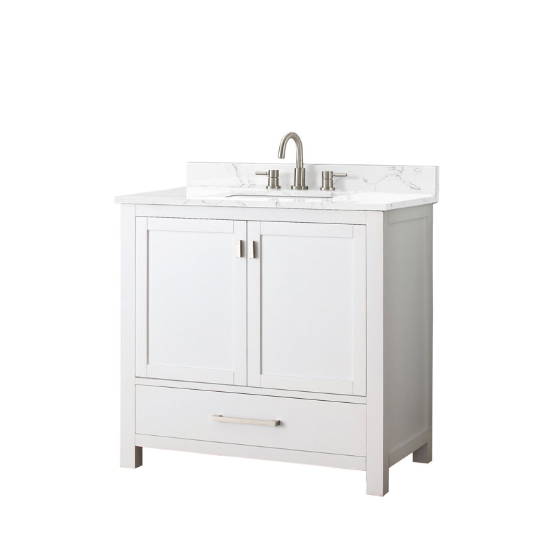 Modero 36" Single Bathroom Vanity with Top, White, Brushed Nickel, Cala White Marble