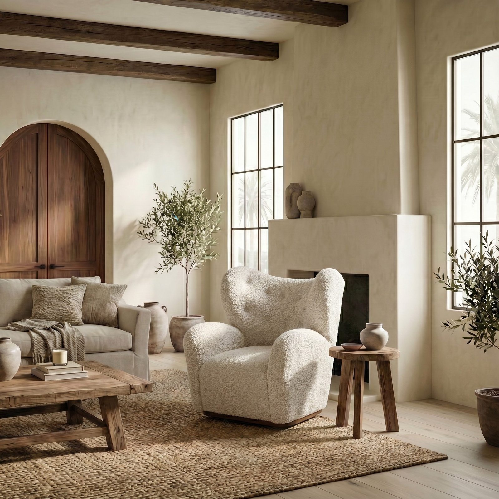 Galloway Teddy Swivel Chair, Off White Faux Shearling