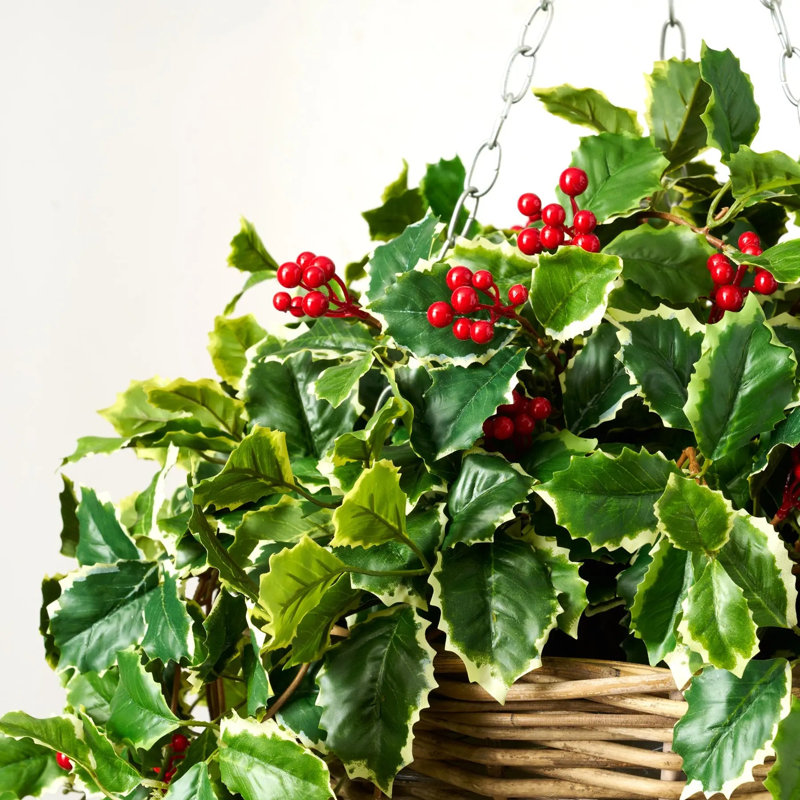 Panier de Noël panaché à feuilles de houx vertes et vignes rouges