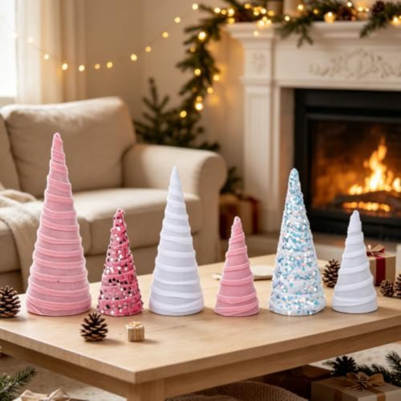 6 décorations d'arbre de Noël en forme de cône de Noël en velours rose et blanc de 6 pièces pour table de Noël décorative de Noël
