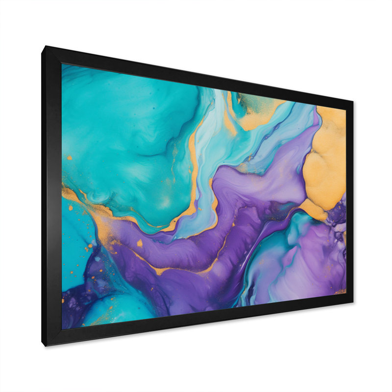 Turquoise et mauve, art liquide I, reproduction d'art sur toile, H 12 po x l 20 po x P 1 po, Cadre simple noir
