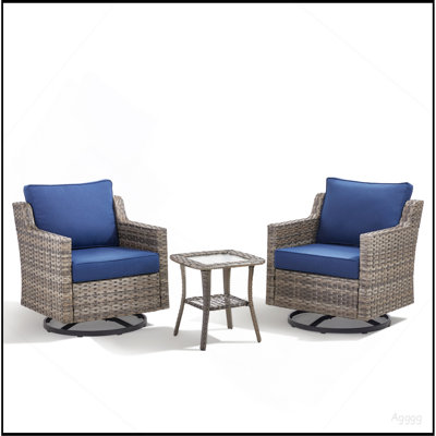 Ensemble de 2 chaises pivotantes pour l'extérieur, avec table d'appoint à plateau en verre, ensemble de 3 pièces en osier gris, idéal pour le porche, la piscine, la terrasse et la cour en bleu