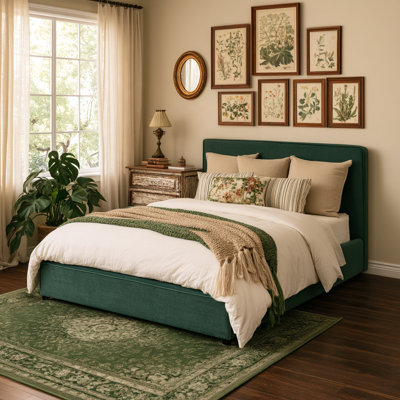 Vintage Upholstered Platform Bed with Footboard Storage Drawer, Linen-Look Fabric & Wood Slats