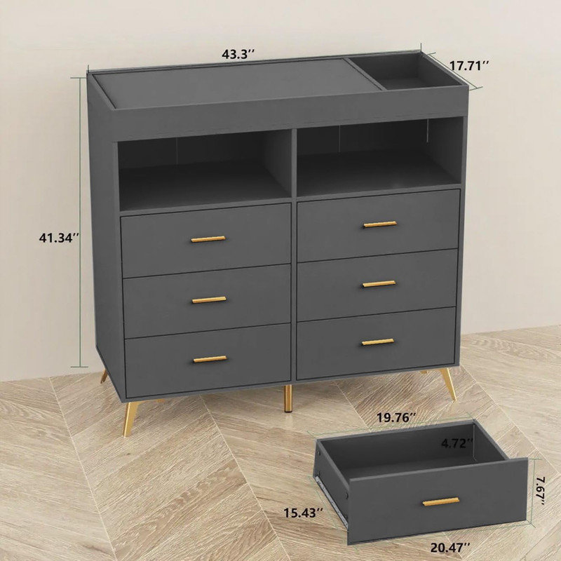 Baby Changing Table Dresser with Power Outlet & LED Light, 6-Drawer Nursery Organizer with Metal Feet, Gray