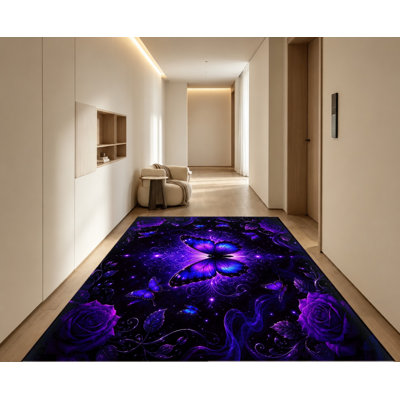 Tapis lavable en machine à motif papillon et rose fantaisie avec envers antidérapant, tapis de sol artistique au design galaxie vibrant, décoration intérieure confortable pour salon, chambre, dortoir, appartement, entrée, cuisine, balcon, terrasse