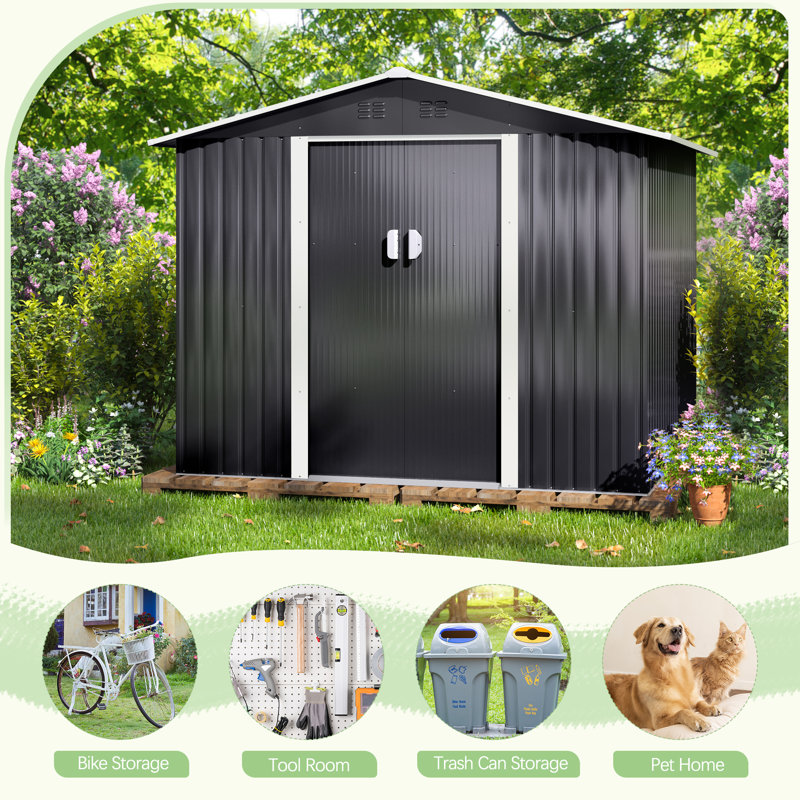 Dark Gray 8'x8' Metal Outdoor Storage Shed with Sliding Doors