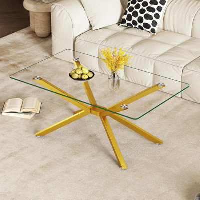 Table basse rectangulaire moderne, plateau en verre trempé et pied tubulaire en métal pour le salon, l 39,37 po x l 23,62 po x H 16,93 po
