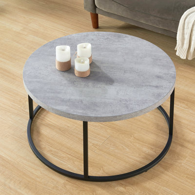 31.5" Round Stone Coffee Table Living Room Modern Industrial Concrete Grey Center Table For Living Room Faux Marble Wood Top With Sturdy Metal Legs Thick Scratch-Resistant Surface