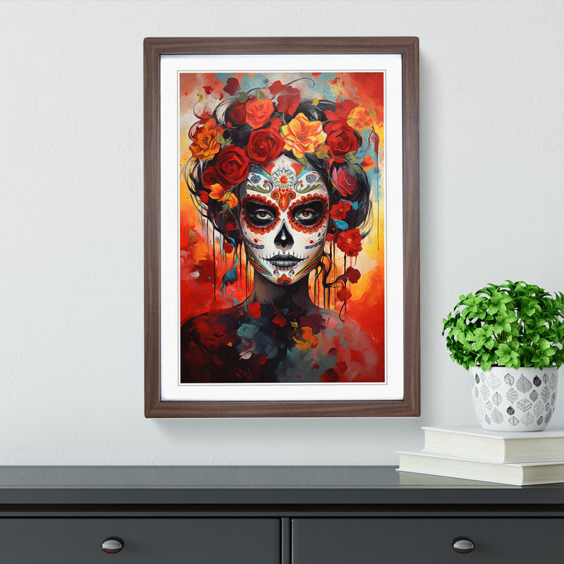 Sugar Skull Modern No.2 - Framed Print, 46cm H x 34cm W x 2cm D, Walnut