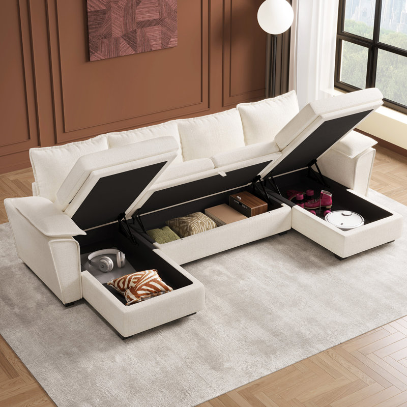 Upholstered U-Shaped Sectional Sofa With Double Chaise, Beige Chenille