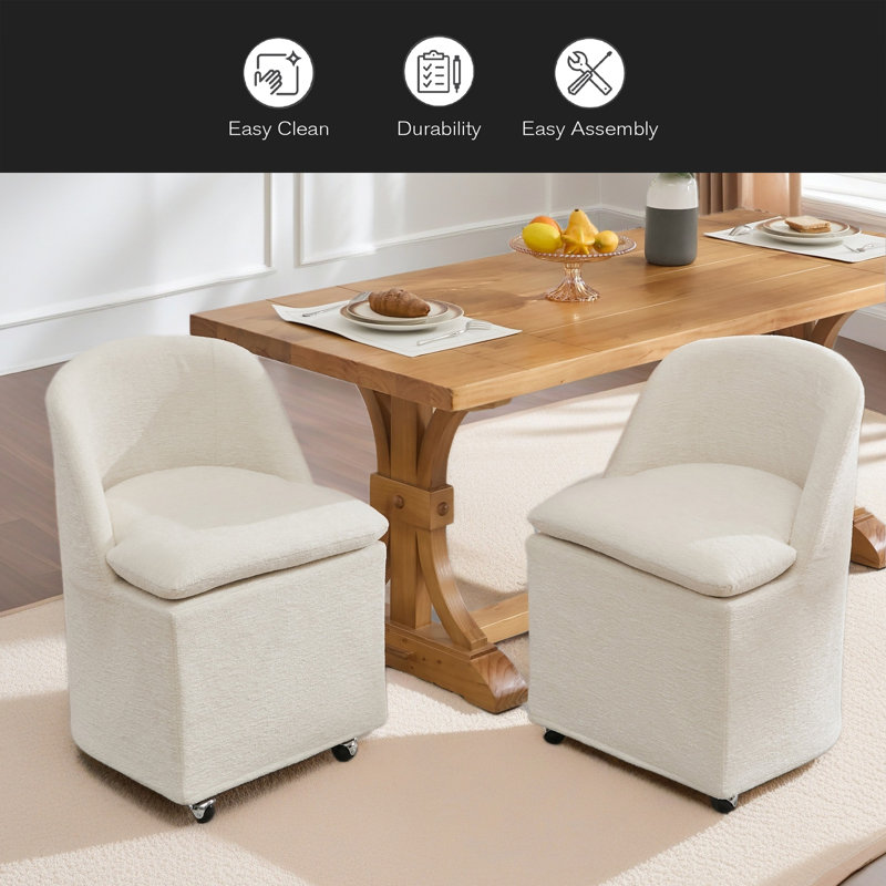 Ensemble de 2 chaises de salle à manger en chenille avec roulettes universelles, Beige