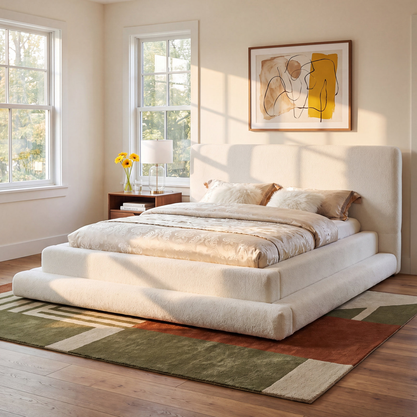 Hoffarth Upholstered Bed, King, Cream Faux Shearling Teddy Fabric