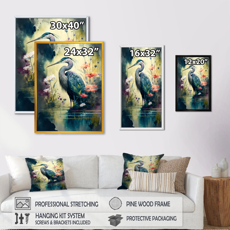 Mignon héron, art floral I - peinture sur toile, H 20 po x l 12 po x P 1 po, Toile avec cadre flottant noir